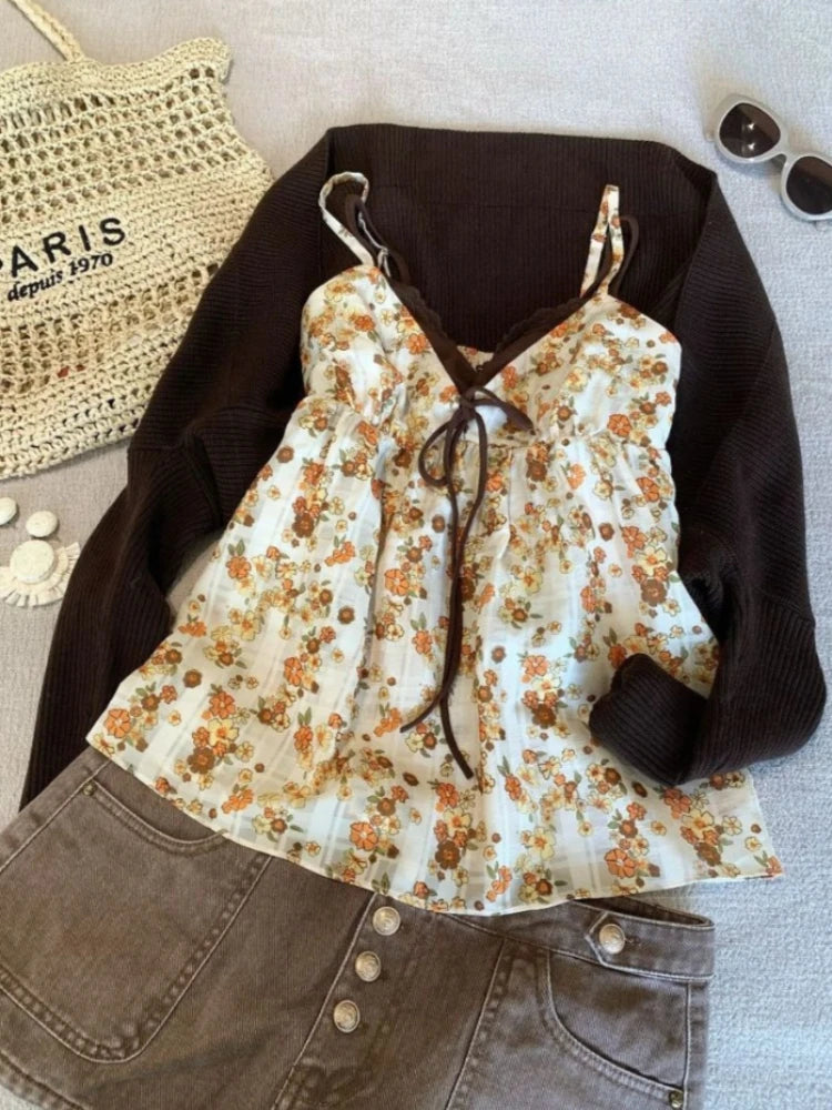 New Japanese Sweet Floral Y2k Tops Women Vintage Design Lovely Strap Top Harajuku Fashion Sexy Tanks Chic Korean Popular Clothes