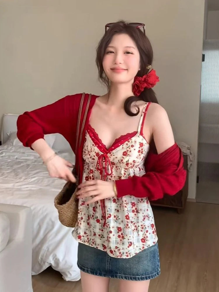 New Japanese Sweet Floral Y2k Tops Women Vintage Design Lovely Strap Top Harajuku Fashion Sexy Tanks Chic Korean Popular Clothes