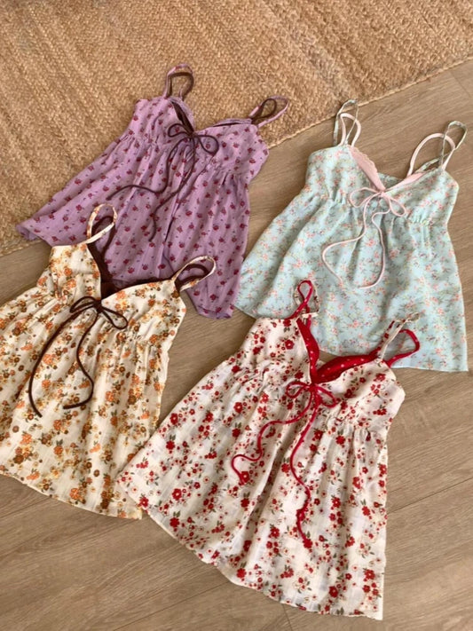New Japanese Sweet Floral Y2k Tops Women Vintage Design Lovely Strap Top Harajuku Fashion Sexy Tanks Chic Korean Popular Clothes