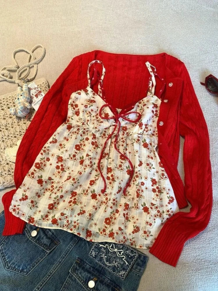 New Japanese Sweet Floral Y2k Tops Women Vintage Design Lovely Strap Top Harajuku Fashion Sexy Tanks Chic Korean Popular Clothes