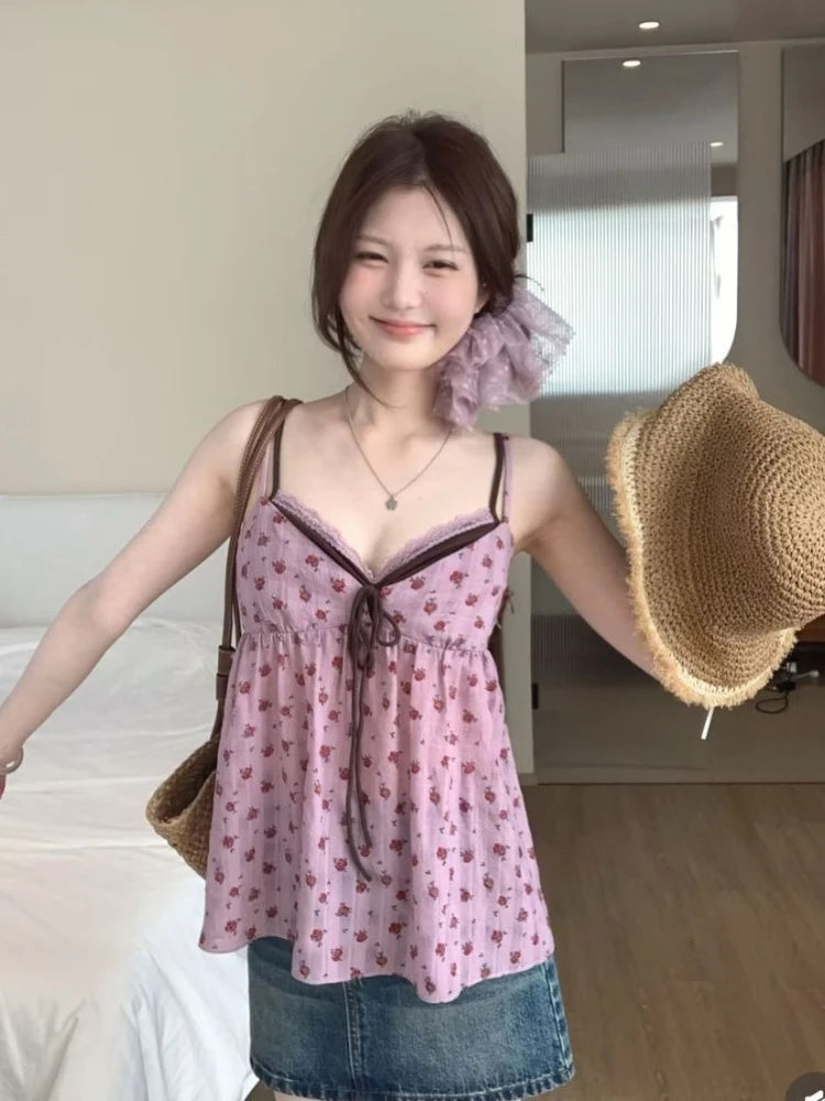 New Japanese Sweet Floral Y2k Tops Women Vintage Design Lovely Strap Top Harajuku Fashion Sexy Tanks Chic Korean Popular Clothes
